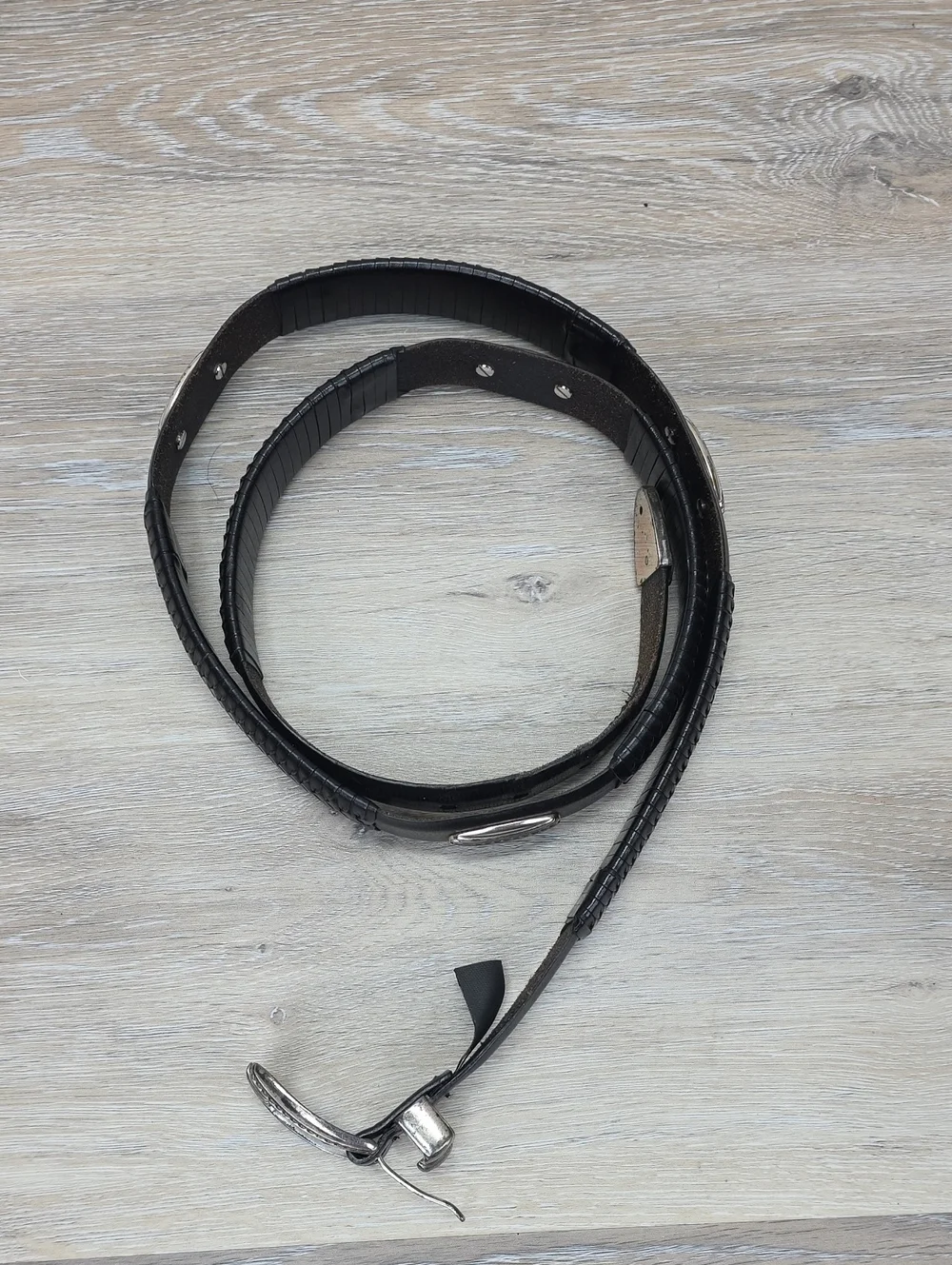 Brighton Onyx Black Leather Belt w/ woven Design & Silver Accents & Buckle 56